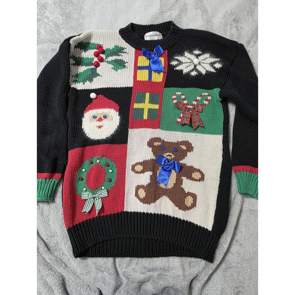 Baxter & Wells Sweater‎ Womens Small Multicolor Christmas Teddy Bear Wreath Bow